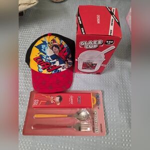Lot of One Piece Merchandise  Hat/Glass/Cutlery Set New.